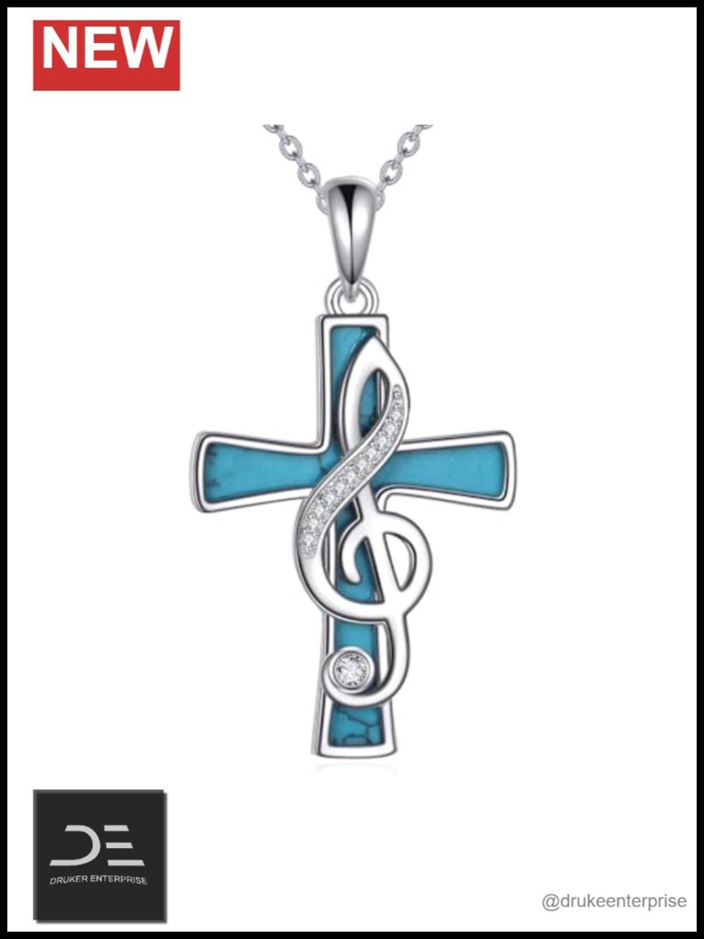 Sterling Silver Cross Music Note Pendant Necklace 18+2in w/ Turquoise Zircon